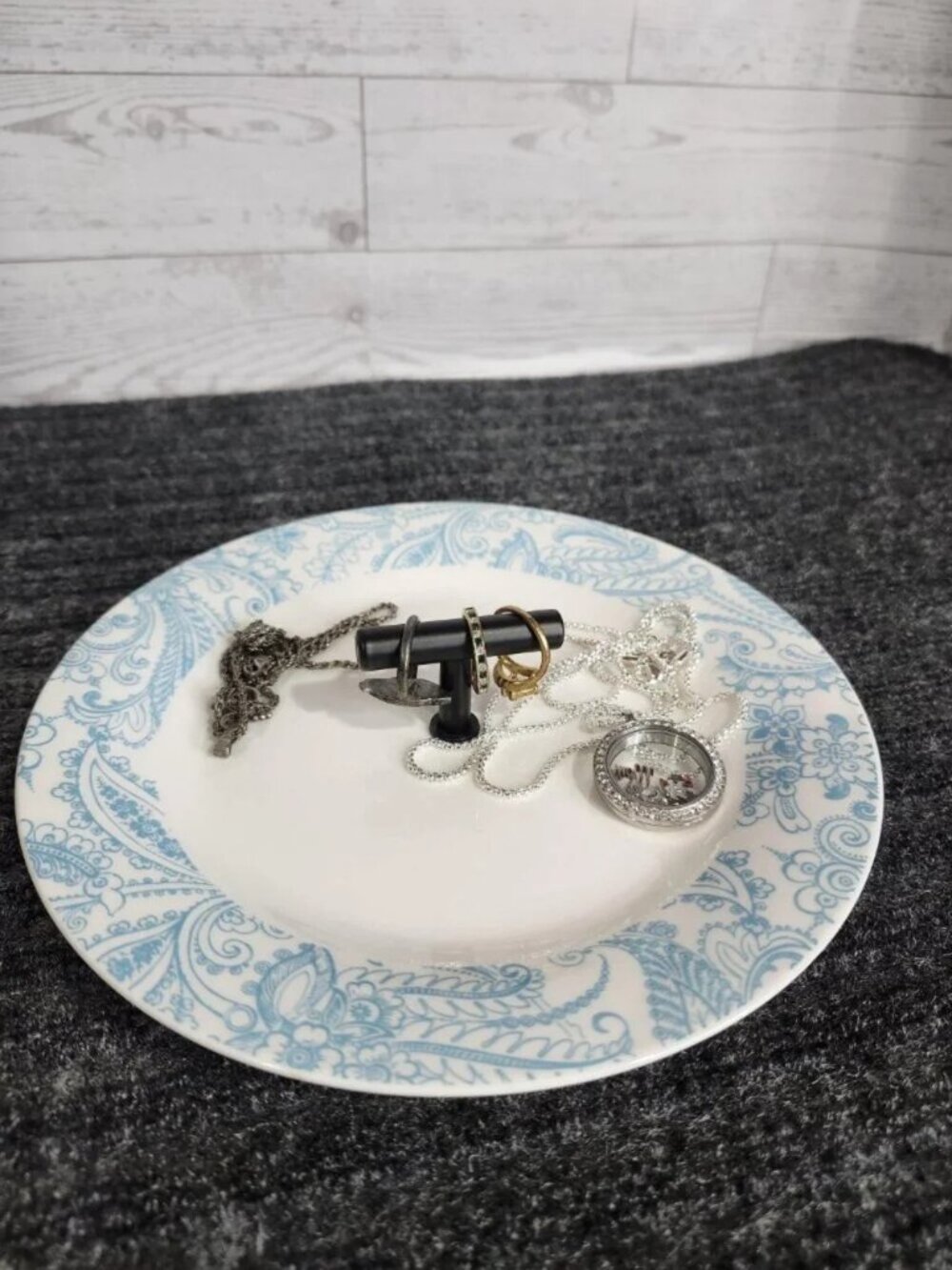 Upcycled Royal Norfolk Blue Paisley Jewelry Stand Ring Dish T-Bar